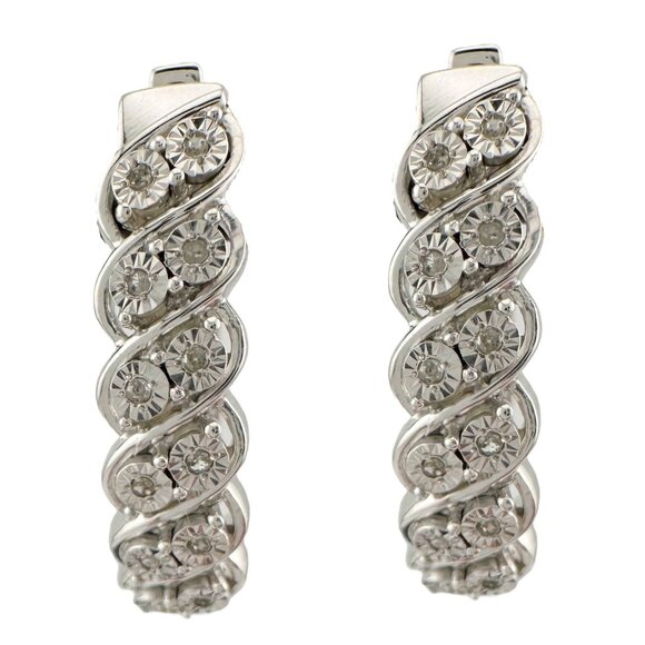 Elegant Natural Diamond Wave Hoop Earrings - Elongated Design w Sterling Silver - Picture 1 of 14